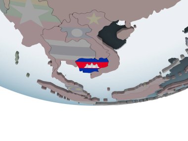 Kamboçya katıştırılmış bayrak ile siyasi dünya üzerinde. 3D çizim.