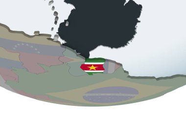 Surinam katıştırılmış bayrak ile siyasi dünya üzerinde. 3D çizim.