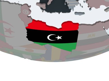 Libya katıştırılmış bayrak ile siyasi dünya üzerinde. 3D çizim.