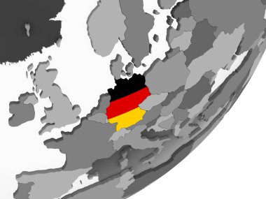 Almanya katıştırılmış bayrak ile gri siyasi dünya üzerinde. 3D çizim.