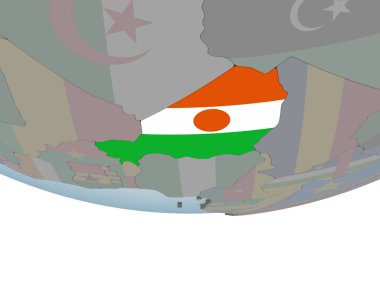 Nijer katıştırılmış bayrak ile siyasi dünya üzerinde. 3D çizim.