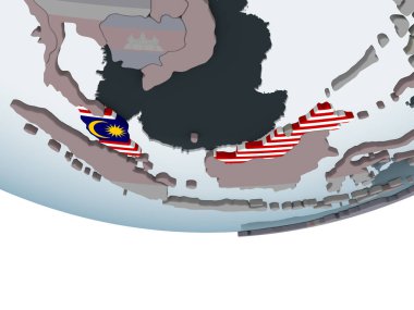 Malezya katıştırılmış bayrak ile siyasi dünya üzerinde. 3D çizim.