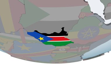 Güney Sudan katıştırılmış bayrak ile siyasi dünya üzerinde. 3D çizim.