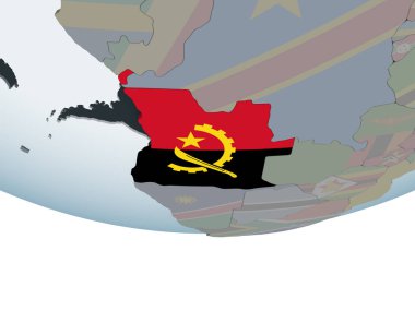 Angola katıştırılmış bayrak ile siyasi dünya üzerinde. 3D çizim.