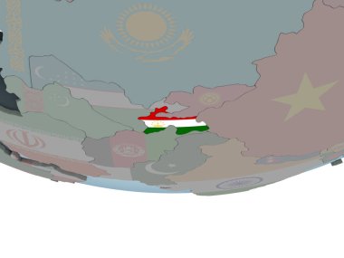 Tacikistan katıştırılmış bayrak ile siyasi dünya üzerinde. 3D çizim.