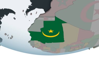Moritanya katıştırılmış bayrak ile siyasi dünya üzerinde. 3D çizim.