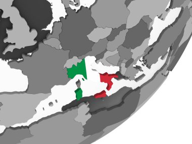 İtalya katıştırılmış bayrak ile gri siyasi dünya üzerinde. 3D çizim.