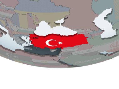 Türkiye katıştırılmış bayrak ile siyasi dünya üzerinde. 3D çizim.
