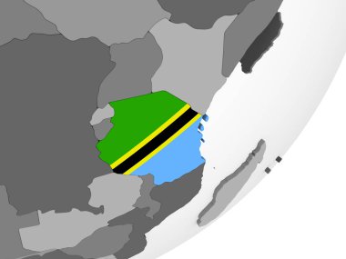 Tanzanya katıştırılmış bayrak ile gri siyasi dünya üzerinde. 3D çizim.