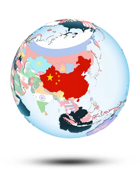 Китай Политическом Глобусе Тенью Изолированы Белом Фоне Иллюстрация — стоковое фото