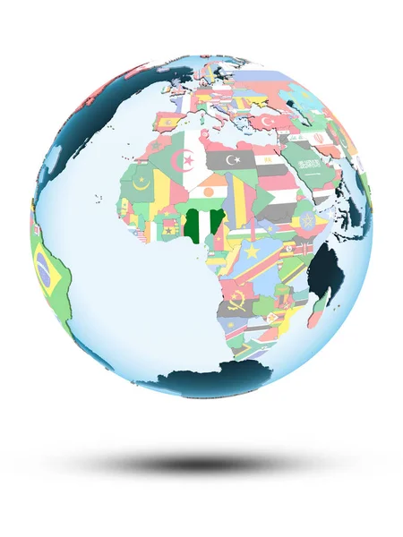 Nigeria Auf Politischem Globus Mit Schatten Isoliert Auf Weißem Hintergrund — Stockfoto