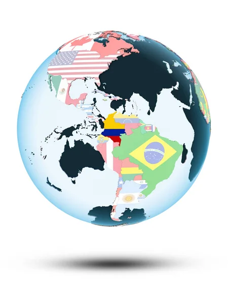 Колумбия Политическом Глобусе Тенью Изолированы Белом Фоне Иллюстрация — стоковое фото