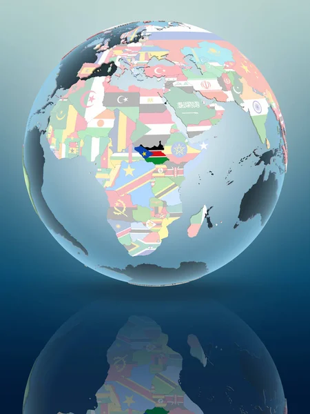 Zuid Soedan Politieke Wereldbol Reflecteren Glimmend Oppervlak Illustratie — Stockfoto
