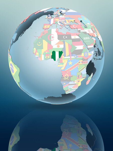 Nigeria on political globe reflecting on shiny surface. 3D illustration.