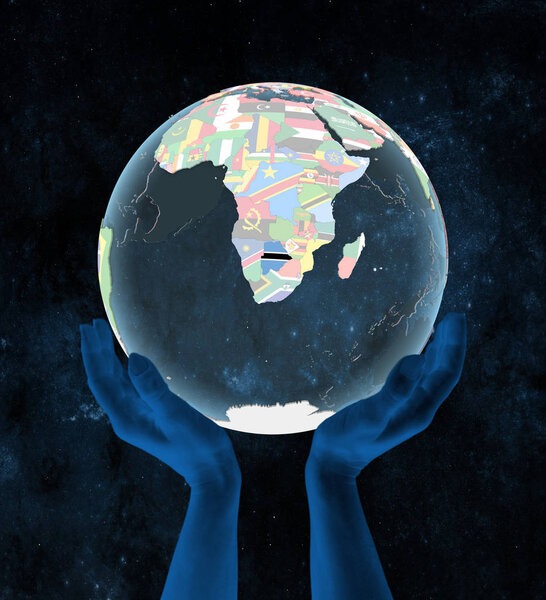 Botswana on translucent political globe in hands in space. 3D illustration.