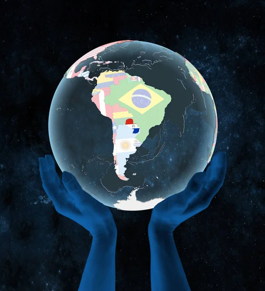 Paraguay Sur Globe Politique Translucide Aux Mains Dans Espace Illustration — Photo