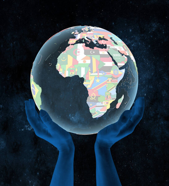 Equatorial Guinea on translucent political globe in hands in space. 3D illustration.