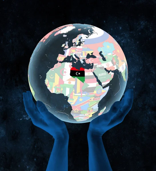 Líbia Translúcido Globo Político Nas Mãos Espaço Ilustração — Fotografia de Stock
