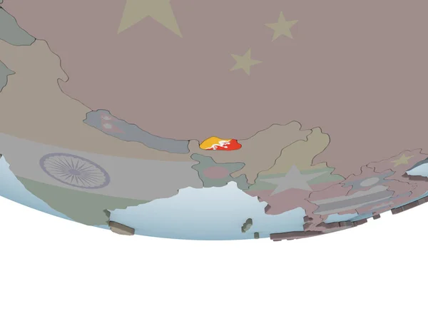Бутан Политическом Глобусе Встроенным Флагом Иллюстрация — стоковое фото