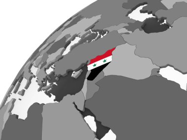 Suriye katıştırılmış bayrak ile gri siyasi dünya üzerinde. 3D çizim.