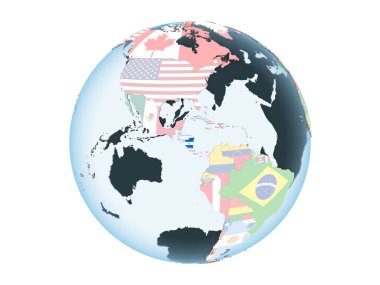 Nikaragua katıştırılmış bayrak ile parlak siyasi dünya üzerinde. 3d illüstrasyon izole beyaz arka plan üzerinde.