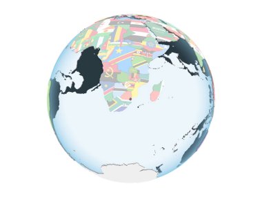 Svaziland katıştırılmış bayrak ile parlak siyasi dünya üzerinde. 3d illüstrasyon izole beyaz arka plan üzerinde.