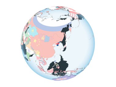 Kuzey Kore katıştırılmış bayrak ile parlak siyasi dünya üzerinde. 3d illüstrasyon izole beyaz arka plan üzerinde.