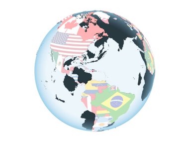 Dominik Cumhuriyeti katıştırılmış bayrak ile parlak siyasi dünya üzerinde. 3d illüstrasyon izole beyaz arka plan üzerinde.