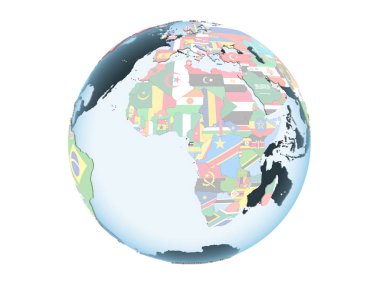 Ekvator Ginesi katıştırılmış bayrak ile parlak siyasi dünya üzerinde. 3d illüstrasyon izole beyaz arka plan üzerinde.