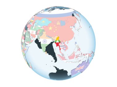 Myanmar katıştırılmış bayrak ile parlak siyasi dünya üzerinde. 3d illüstrasyon izole beyaz arka plan üzerinde.