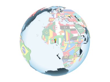 Benin katıştırılmış bayrak ile parlak siyasi dünya üzerinde. 3d illüstrasyon izole beyaz arka plan üzerinde.