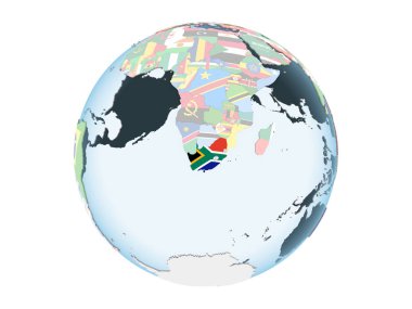 Güney Afrika katıştırılmış bayrak ile parlak siyasi dünya üzerinde. 3d illüstrasyon izole beyaz arka plan üzerinde.