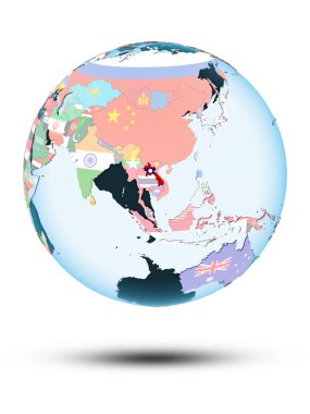 Laos beyaz arka plan üzerinde izole gölge ile siyasi dünya üzerinde. 3D çizim.