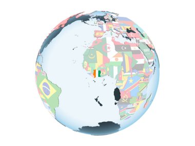 Fildişi Sahili katıştırılmış bayrak ile parlak siyasi dünya üzerinde. 3d illüstrasyon izole beyaz arka plan üzerinde.