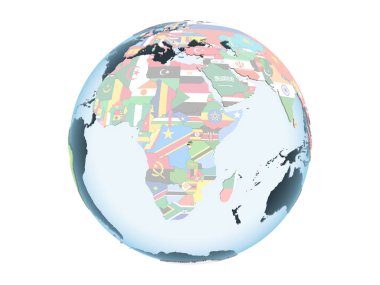 Ruanda katıştırılmış bayrak ile parlak siyasi dünya üzerinde. 3d illüstrasyon izole beyaz arka plan üzerinde.