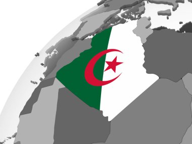 Cezayir katıştırılmış bayrak ile gri siyasi dünya üzerinde. 3D çizim.