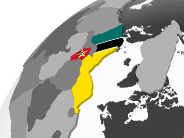 Mozambik katıştırılmış bayrak ile gri siyasi dünya üzerinde. 3D çizim.