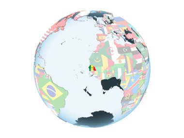 Senegal katıştırılmış bayrak ile parlak siyasi dünya üzerinde. 3d illüstrasyon izole beyaz arka plan üzerinde.