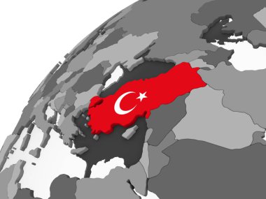 Türkiye katıştırılmış bayrak ile gri siyasi dünya üzerinde. 3D çizim.
