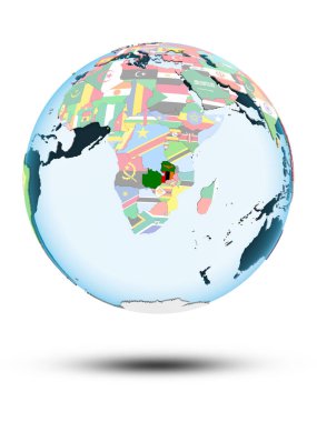 Zambiya beyaz arka plan üzerinde izole gölge ile siyasi dünya üzerinde. 3D çizim.