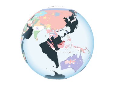 Malezya katıştırılmış bayrak ile parlak siyasi dünya üzerinde. 3d illüstrasyon izole beyaz arka plan üzerinde.