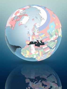 Danimarka siyasi dünya parlak yüzeye yansıtan üzerinde. 3D çizim.