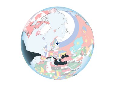 Finlandiya katıştırılmış bayrak ile parlak siyasi dünya üzerinde. 3d illüstrasyon izole beyaz arka plan üzerinde.