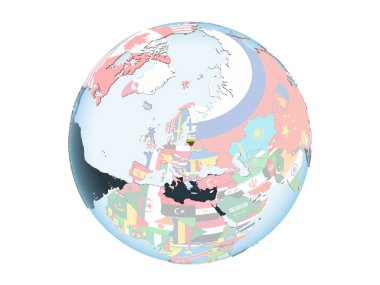 Litvanya katıştırılmış bayrak ile parlak siyasi dünya üzerinde. 3d illüstrasyon izole beyaz arka plan üzerinde.