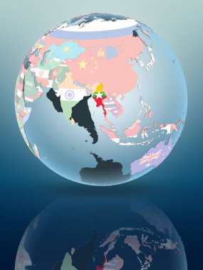 Myanmar parlak yüzeye yansıtan siyasi dünya üzerinde. 3D çizim.