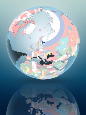 Finlandiya parlak yüzeye yansıtan siyasi dünya üzerinde. 3D çizim.
