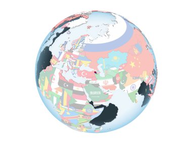 Ermenistan katıştırılmış bayrak ile parlak siyasi dünya üzerinde. 3d illüstrasyon izole beyaz arka plan üzerinde.