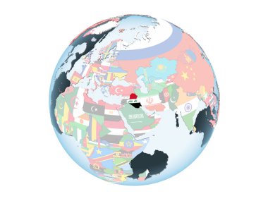 Irak katıştırılmış bayrak ile parlak siyasi dünya üzerinde. 3d illüstrasyon izole beyaz arka plan üzerinde.