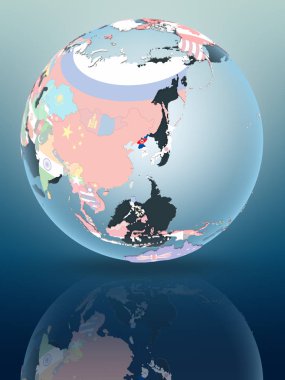 Kuzey Kore parlak yüzeye yansıtan siyasi dünya üzerinde. 3D çizim.