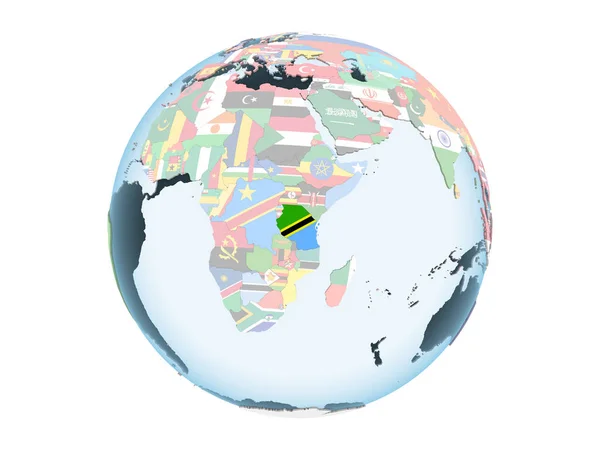 Tanzanie Jasné Politické Globe Vloženými Vlajky Ilustrace Izolované Bílém Pozadí — Stock fotografie